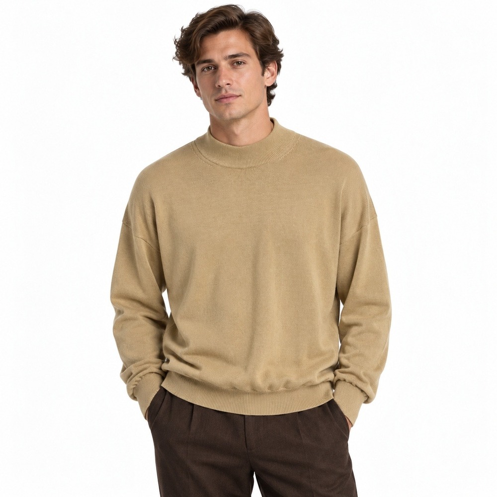 Raffi Mock Neck Sweater Made in Italy Size M Tan Beige Old Money Quiet Luxury